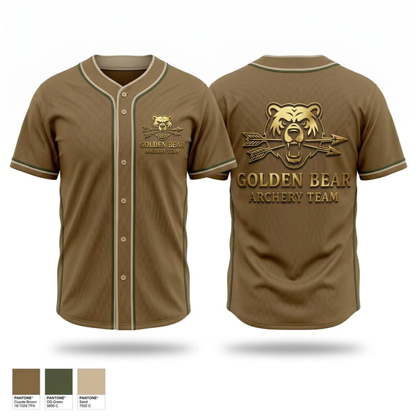 Full Button Baseball Jersey, Golden bear archery, Baseball, Teamtime, Team time, sublimation, custom sports apparel, team uniforms, spirit wear, spiritwear, sports uniforms, custom shirts, team store, custom team store, fundraiser sports, apparel fundraiser