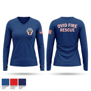 Womens Long Sleeve Vneck Shirt, Ovid Fire Dept, Fire Department, Teamtime, Team time, sublimation, custom sports apparel, team uniforms, spirit wear, spiritwear, sports uniforms, custom shirts, team store, custom team store, fundraiser sports, apparel fundraiser