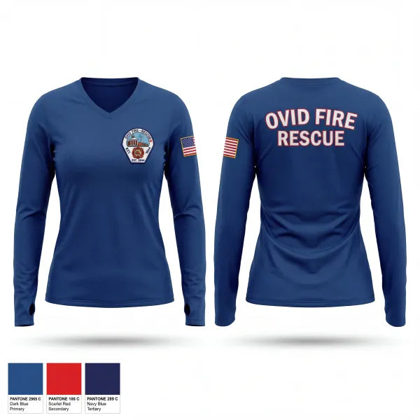 Womens Long Sleeve Vneck Shirt, Ovid Fire Dept, Fire Department, Teamtime, Team time, sublimation, custom sports apparel, team uniforms, spirit wear, spiritwear, sports uniforms, custom shirts, team store, custom team store, fundraiser sports, apparel fundraiser