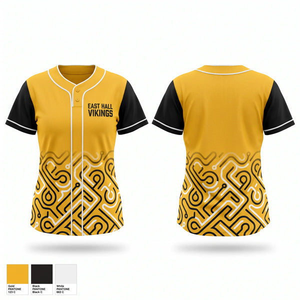 Two Button Softball Jersey, East Hall Vikings, Softball, Teamtime, Team time, sublimation, custom sports apparel, team uniforms, spirit wear, spiritwear, sports uniforms, custom shirts, team store, custom team store, fundraiser sports, apparel fundraiser