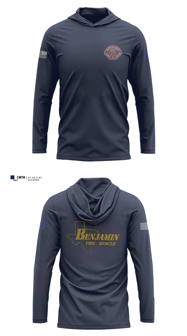 Long Sleeve Performance Shirt with hood, Benjamin Fire Department, Fire Department, Teamtime, Team time, sublimation, custom sports apparel, team uniforms, spirit wear, spiritwear, sports uniforms, custom shirts, team store, custom team store, fundraiser sports, apparel fundraiser