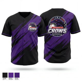 Full Button Baseball Jersey, Loganville Crows, Baseball, Teamtime, Team time, sublimation, custom sports apparel, team uniforms, spirit wear, spiritwear, sports uniforms, custom shirts, team store, custom team store, fundraiser sports, apparel fundraiser