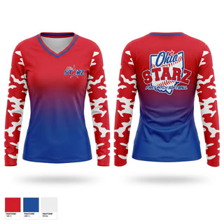 Womens Long Sleeve Vneck Shirt, Ohio Starz, Softball, Teamtime, Team time, sublimation, custom sports apparel, team uniforms, spirit wear, spiritwear, sports uniforms, custom shirts, team store, custom team store, fundraiser sports, apparel fundraiser