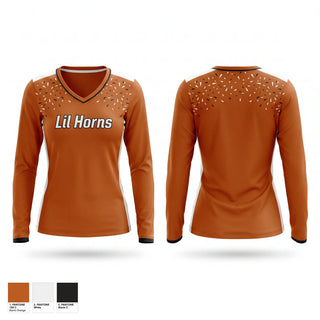 Womens Long Sleeve Vneck Shirt, Lil’ Horns, Softball, Teamtime, Team time, sublimation, custom sports apparel, team uniforms, spirit wear, spiritwear, sports uniforms, custom shirts, team store, custom team store, fundraiser sports, apparel fundraiser