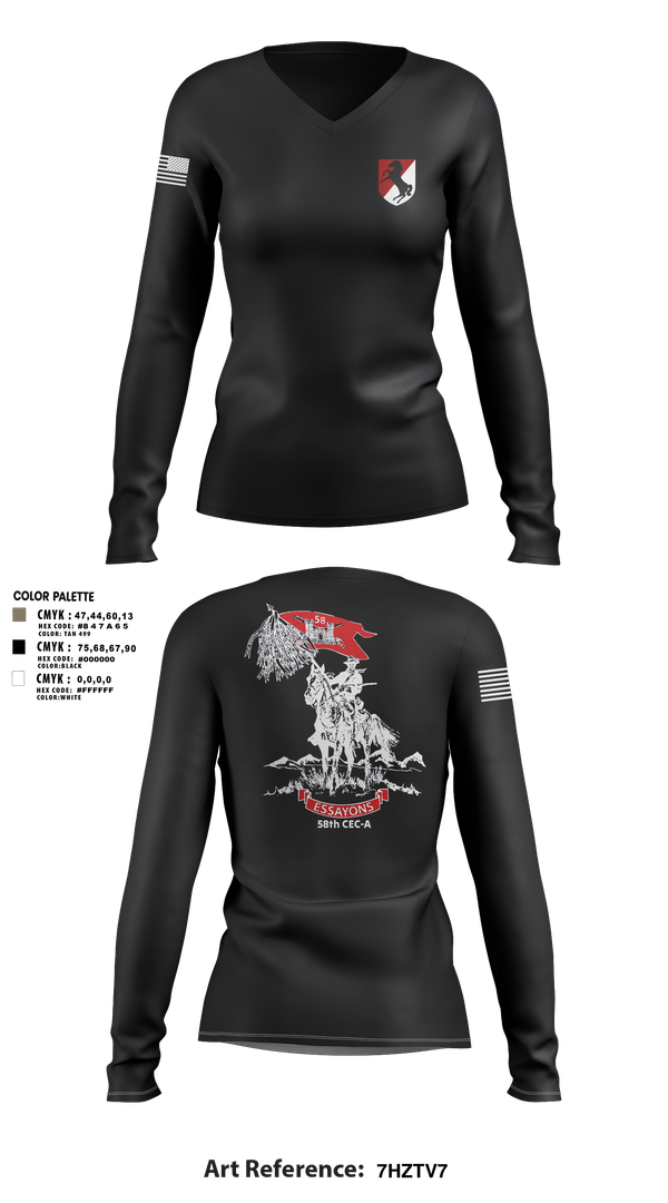Womens Long Sleeve Vneck Shirt, 58th CEC-A, Army, Teamtime, Team time, sublimation, custom sports apparel, team uniforms, spirit wear, spiritwear, sports uniforms, custom shirts, team store, custom team store, fundraiser sports, apparel fundraiser