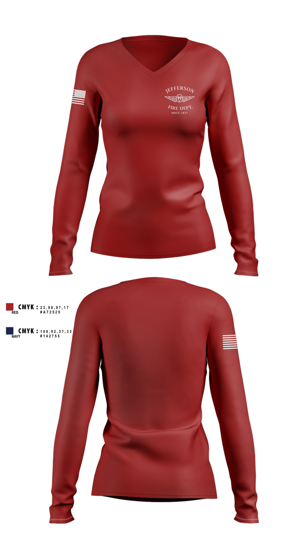 Womens Long Sleeve Vneck Shirt, Jefferson vol Fire Dept, Fire Department, Teamtime, Team time, sublimation, custom sports apparel, team uniforms, spirit wear, spiritwear, sports uniforms, custom shirts, team store, custom team store, fundraiser sports, apparel fundraiser
