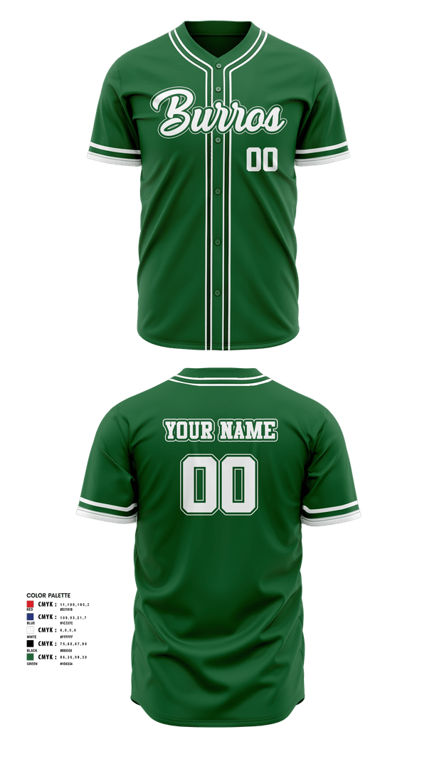 Full Button Baseball Jersey, Burros, Baseball, Teamtime, Team time, sublimation, custom sports apparel, team uniforms, spirit wear, spiritwear, sports uniforms, custom shirts, team store, custom team store, fundraiser sports, apparel fundraiser