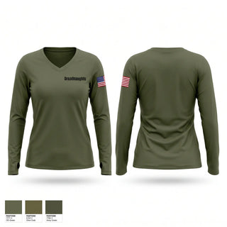 Womens Long Sleeve Vneck Shirt, Dreadnaughts, Army, Teamtime, Team time, sublimation, custom sports apparel, team uniforms, spirit wear, spiritwear, sports uniforms, custom shirts, team store, custom team store, fundraiser sports, apparel fundraiser