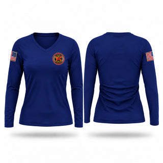 Womens Long Sleeve Vneck Shirt, Klawock VFD, Fire Department, Teamtime, Team time, sublimation, custom sports apparel, team uniforms, spirit wear, spiritwear, sports uniforms, custom shirts, team store, custom team store, fundraiser sports, apparel fundraiser