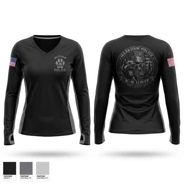 Womens Long Sleeve Vneck Shirt, Markham Police K9 Unit, Police, Teamtime, Team time, sublimation, custom sports apparel, team uniforms, spirit wear, spiritwear, sports uniforms, custom shirts, team store, custom team store, fundraiser sports, apparel fundraiser