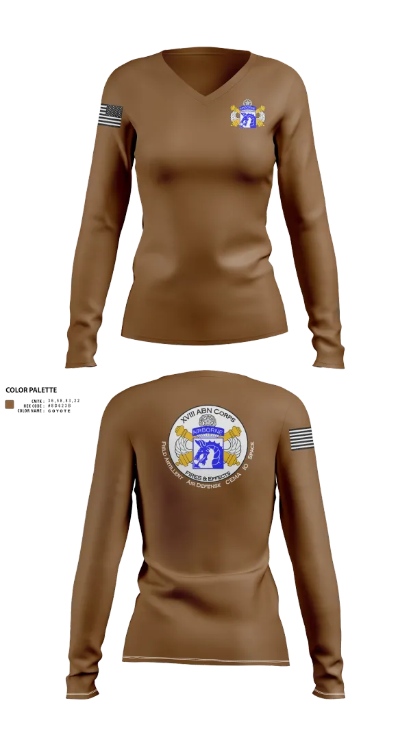 Womens Long Sleeve Vneck Shirt, XVIII Airborne Corps G34 FIRES, Army, Teamtime, Team time, sublimation, custom sports apparel, team uniforms, spirit wear, spiritwear, sports uniforms, custom shirts, team store, custom team store, fundraiser sports, apparel fundraiser