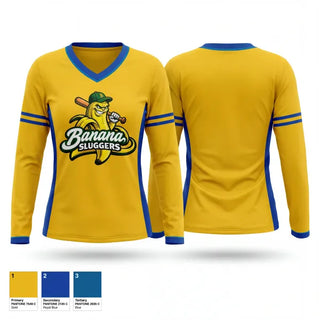 Womens Long Sleeve Vneck Shirt, Banana sluggers, Baseball, Teamtime, Team time, sublimation, custom sports apparel, team uniforms, spirit wear, spiritwear, sports uniforms, custom shirts, team store, custom team store, fundraiser sports, apparel fundraiser