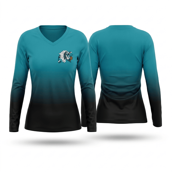 Womens Long Sleeve Vneck Shirt, Mendota Aztecs, Track & Field, Teamtime, Team time, sublimation, custom sports apparel, team uniforms, spirit wear, spiritwear, sports uniforms, custom shirts, team store, custom team store, fundraiser sports, apparel fundraiser