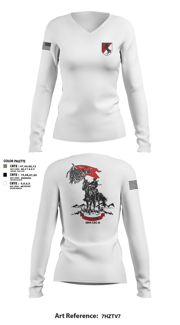 Womens Long Sleeve Vneck Shirt, 58th CEC-A, Army, Teamtime, Team time, sublimation, custom sports apparel, team uniforms, spirit wear, spiritwear, sports uniforms, custom shirts, team store, custom team store, fundraiser sports, apparel fundraiser