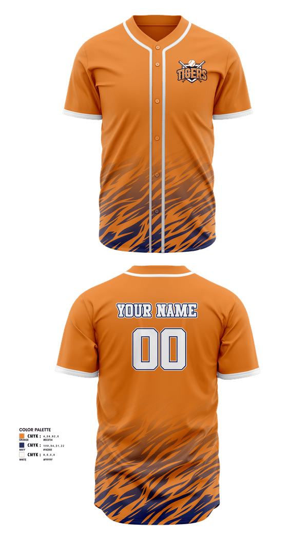 Full Button Baseball Jersey, Malone Tigers, Baseball, Teamtime, Team time, sublimation, custom sports apparel, team uniforms, spirit wear, spiritwear, sports uniforms, custom shirts, team store, custom team store, fundraiser sports, apparel fundraiser