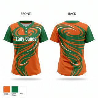 Two Button Softball Jersey, Lady Canes, Softball, Teamtime, Team time, sublimation, custom sports apparel, team uniforms, spirit wear, spiritwear, sports uniforms, custom shirts, team store, custom team store, fundraiser sports, apparel fundraiser