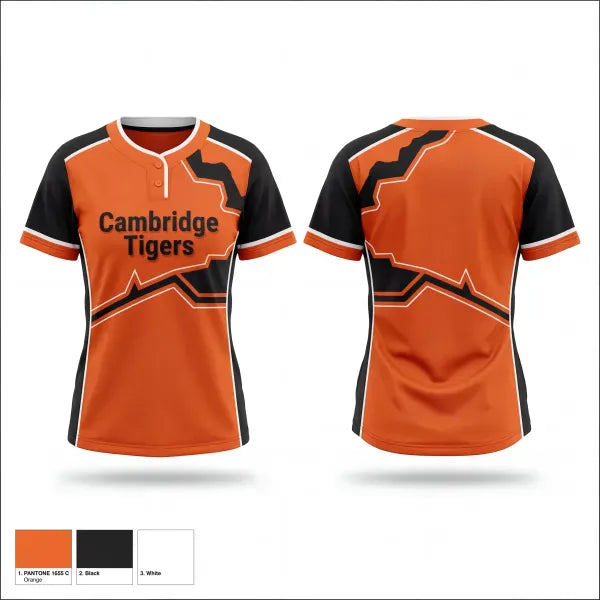 Two Button Softball Jersey, Cambridge Tigers, Softball, Teamtime, Team time, sublimation, custom sports apparel, team uniforms, spirit wear, spiritwear, sports uniforms, custom shirts, team store, custom team store, fundraiser sports, apparel fundraiser