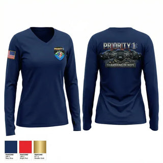 Womens Long Sleeve Vneck Shirt, PRIORITY 1, EMS/EMT, Teamtime, Team time, sublimation, custom sports apparel, team uniforms, spirit wear, spiritwear, sports uniforms, custom shirts, team store, custom team store, fundraiser sports, apparel fundraiser