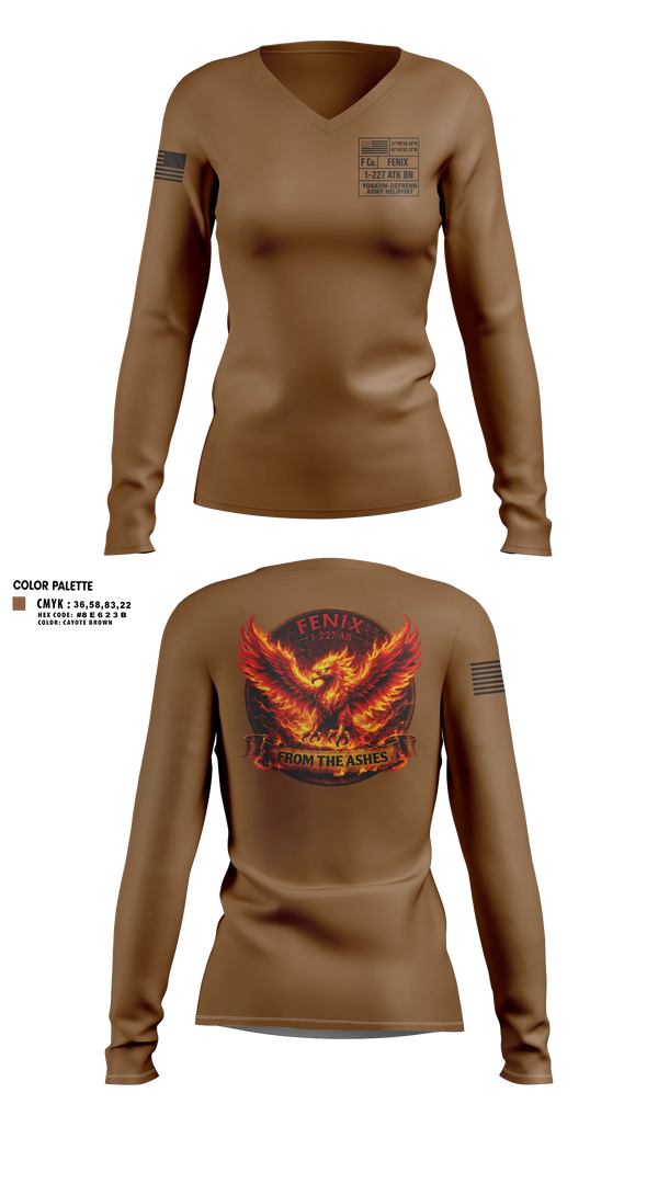 Womens Long Sleeve Vneck Shirt, Fenix, 1-227 AB, 1 ACB, 1 CD, Army, Teamtime, Team time, sublimation, custom sports apparel, team uniforms, spirit wear, spiritwear, sports uniforms, custom shirts, team store, custom team store, fundraiser sports, apparel fundraiser