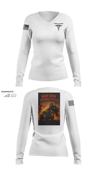 Womens Long Sleeve Vneck Shirt, 194th AR BDE HRT Medics, Army, Teamtime, Team time, sublimation, custom sports apparel, team uniforms, spirit wear, spiritwear, sports uniforms, custom shirts, team store, custom team store, fundraiser sports, apparel fundraiser