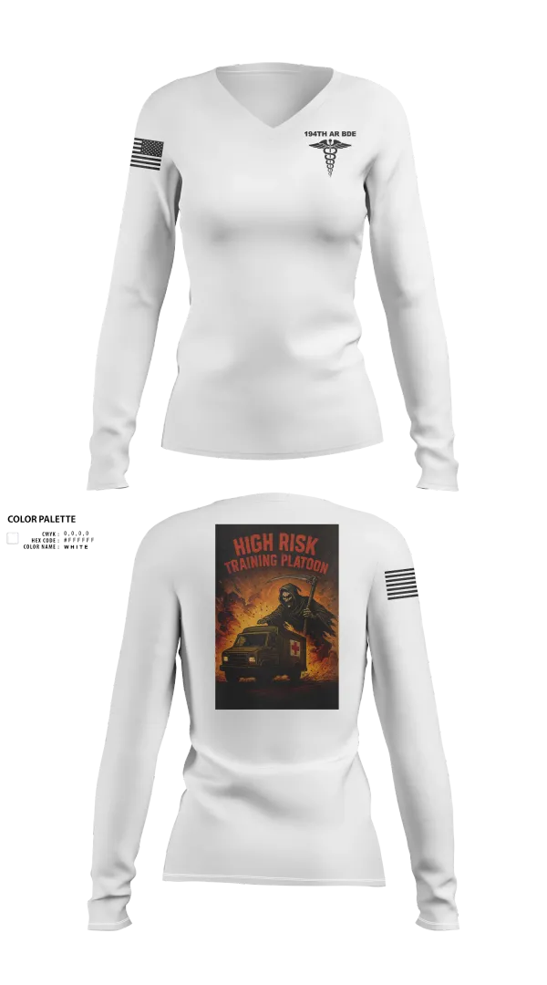 Womens Long Sleeve Vneck Shirt, 194th AR BDE HRT Medics, Army, Teamtime, Team time, sublimation, custom sports apparel, team uniforms, spirit wear, spiritwear, sports uniforms, custom shirts, team store, custom team store, fundraiser sports, apparel fundraiser