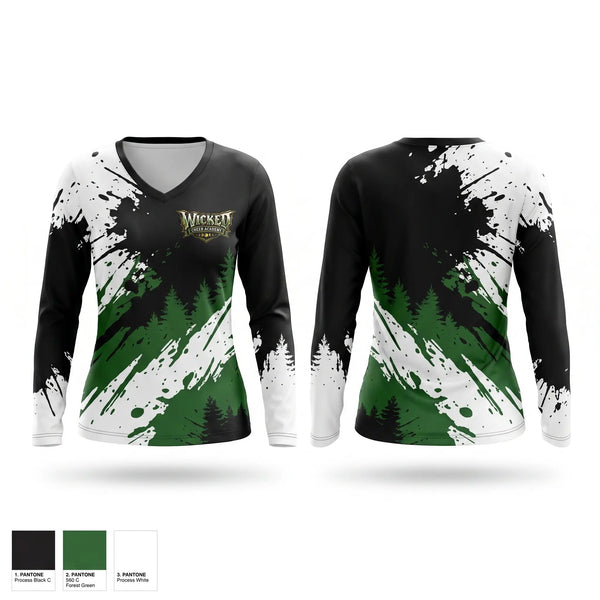 Womens Long Sleeve Vneck Shirt, Wicked Cheer Academy, Cheer, Teamtime, Team time, sublimation, custom sports apparel, team uniforms, spirit wear, spiritwear, sports uniforms, custom shirts, team store, custom team store, fundraiser sports, apparel fundraiser