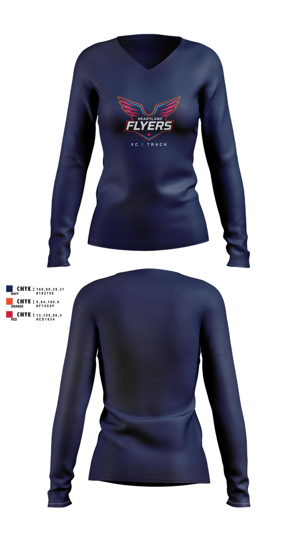 Womens Long Sleeve Vneck Shirt, Heartland Flyers, Track & Field, Teamtime, Team time, sublimation, custom sports apparel, team uniforms, spirit wear, spiritwear, sports uniforms, custom shirts, team store, custom team store, fundraiser sports, apparel fundraiser