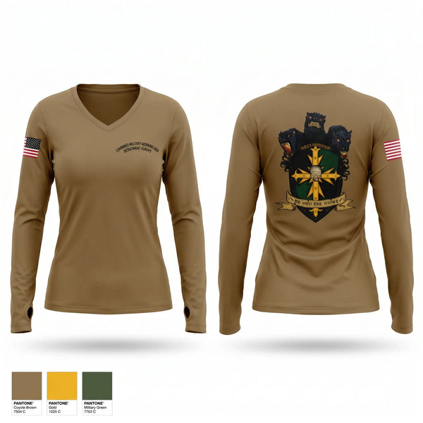 Womens Long Sleeve Vneck Shirt, CMWDD-E, Army, Teamtime, Team time, sublimation, custom sports apparel, team uniforms, spirit wear, spiritwear, sports uniforms, custom shirts, team store, custom team store, fundraiser sports, apparel fundraiser