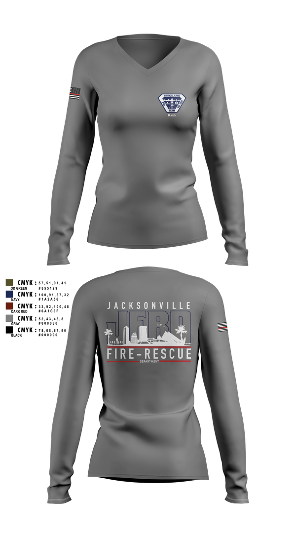Womens Long Sleeve Vneck Shirt, JFRD Critical Care Team, Fire Department, Teamtime, Team time, sublimation, custom sports apparel, team uniforms, spirit wear, spiritwear, sports uniforms, custom shirts, team store, custom team store, fundraiser sports, apparel fundraiser