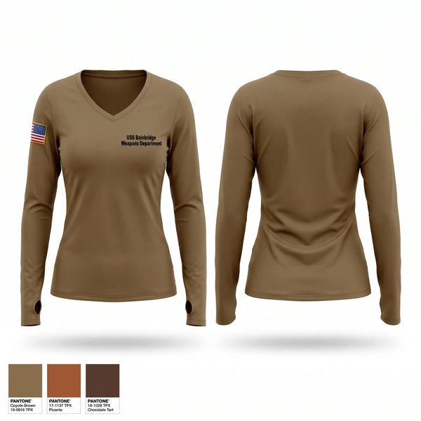 Womens Long Sleeve Vneck Shirt, USS Bainbridge Weapons Department, Navy, Teamtime, Team time, sublimation, custom sports apparel, team uniforms, spirit wear, spiritwear, sports uniforms, custom shirts, team store, custom team store, fundraiser sports, apparel fundraiser