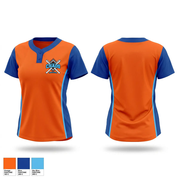 Two Button Softball Jersey, Poynette chaos, Softball, Teamtime, Team time, sublimation, custom sports apparel, team uniforms, spirit wear, spiritwear, sports uniforms, custom shirts, team store, custom team store, fundraiser sports, apparel fundraiser