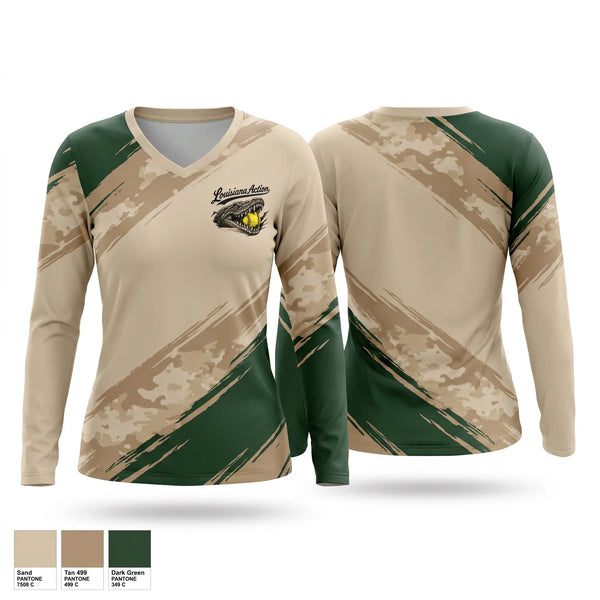 Womens Long Sleeve Vneck Shirt, Louisiana Action, Softball, Teamtime, Team time, sublimation, custom sports apparel, team uniforms, spirit wear, spiritwear, sports uniforms, custom shirts, team store, custom team store, fundraiser sports, apparel fundraiser