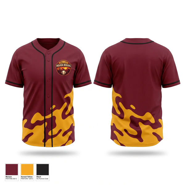Full Button Baseball Jersey, Valley RoughRiders, Baseball, Teamtime, Team time, sublimation, custom sports apparel, team uniforms, spirit wear, spiritwear, sports uniforms, custom shirts, team store, custom team store, fundraiser sports, apparel fundraiser