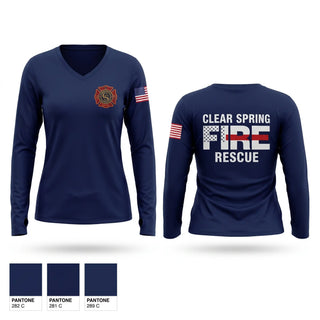 Womens Long Sleeve Vneck Shirt, Clear Spring Fire Rescue, Fire Department, Teamtime, Team time, sublimation, custom sports apparel, team uniforms, spirit wear, spiritwear, sports uniforms, custom shirts, team store, custom team store, fundraiser sports, apparel fundraiser