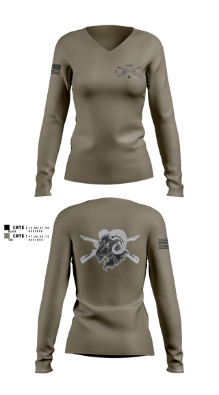 Womens Long Sleeve Vneck Shirt, Blacksheep Company, 1-112th Infantry, Army, Teamtime, Team time, sublimation, custom sports apparel, team uniforms, spirit wear, spiritwear, sports uniforms, custom shirts, team store, custom team store, fundraiser sports, apparel fundraiser