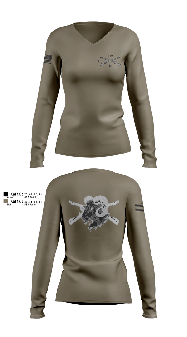 Womens Long Sleeve Vneck Shirt, Blacksheep Company, 1-112th Infantry, Army, Teamtime, Team time, sublimation, custom sports apparel, team uniforms, spirit wear, spiritwear, sports uniforms, custom shirts, team store, custom team store, fundraiser sports, apparel fundraiser