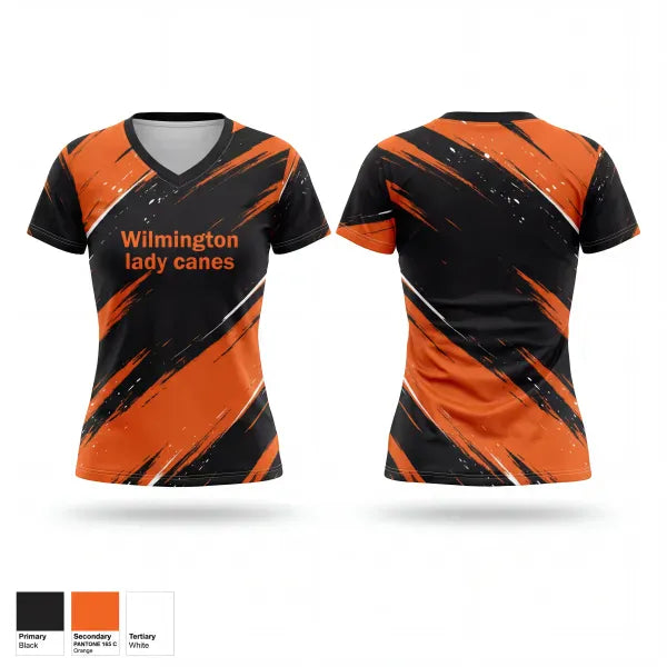 Womens Short Sleeve Vneck Shirt, Wilmington lady canes, Softball, Teamtime, Team time, sublimation, custom sports apparel, team uniforms, spirit wear, spiritwear, sports uniforms, custom shirts, team store, custom team store, fundraiser sports, apparel fundraiser