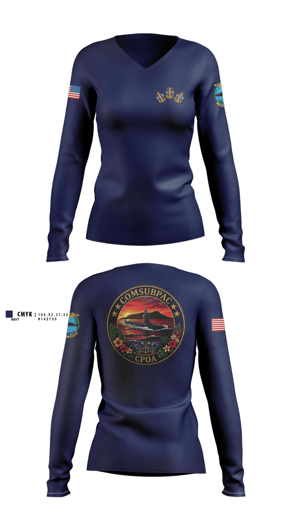 Womens Long Sleeve Vneck Shirt, COMSUBPAC CPOA, Navy, Teamtime, Team time, sublimation, custom sports apparel, team uniforms, spirit wear, spiritwear, sports uniforms, custom shirts, team store, custom team store, fundraiser sports, apparel fundraiser