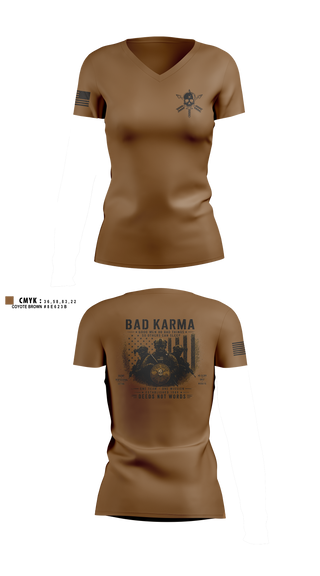 Womens Short Sleeve Vneck Shirt, Bad Karma, Army, Teamtime, Team time, sublimation, custom sports apparel, team uniforms, spirit wear, spiritwear, sports uniforms, custom shirts, team store, custom team store, fundraiser sports, apparel fundraiser