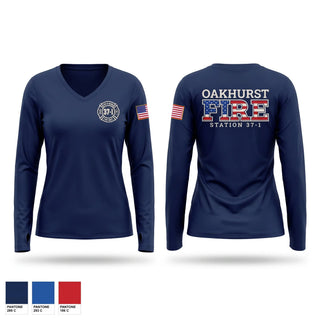 Womens Long Sleeve Vneck Shirt, Oakhurst Fire Department, Fire Department, Teamtime, Team time, sublimation, custom sports apparel, team uniforms, spirit wear, spiritwear, sports uniforms, custom shirts, team store, custom team store, fundraiser sports, apparel fundraiser