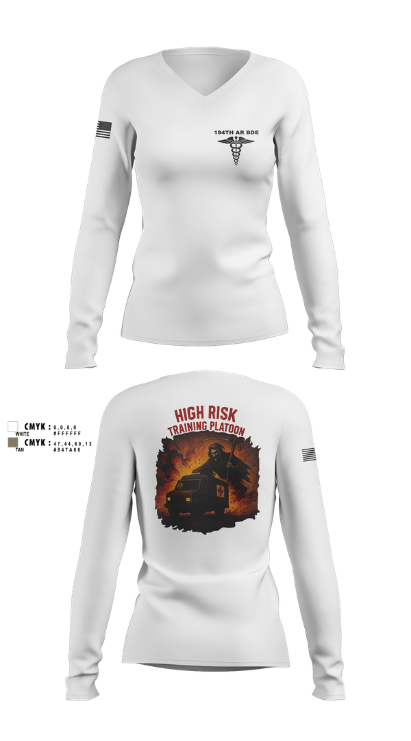Womens Long Sleeve Vneck Shirt, 194th AR BDE HRT Medics, Army, Teamtime, Team time, sublimation, custom sports apparel, team uniforms, spirit wear, spiritwear, sports uniforms, custom shirts, team store, custom team store, fundraiser sports, apparel fundraiser