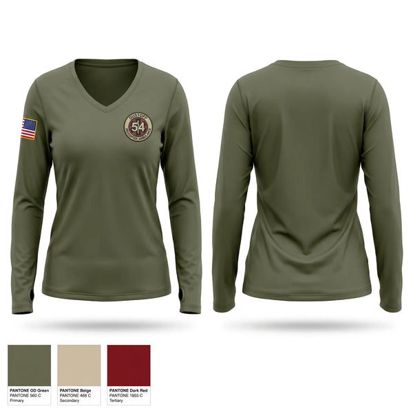 Womens Long Sleeve Vneck Shirt, 54th Medical company, Army, Teamtime, Team time, sublimation, custom sports apparel, team uniforms, spirit wear, spiritwear, sports uniforms, custom shirts, team store, custom team store, fundraiser sports, apparel fundraiser