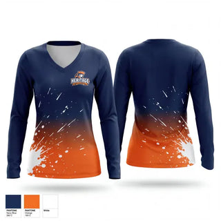 Womens Long Sleeve Vneck Shirt, Heritage BOMM Colorguard, Cheer, Teamtime, Team time, sublimation, custom sports apparel, team uniforms, spirit wear, spiritwear, sports uniforms, custom shirts, team store, custom team store, fundraiser sports, apparel fundraiser