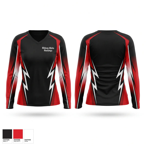Womens Long Sleeve Vneck Shirt, Midway Minto Mustangs, Baseball, Teamtime, Team time, sublimation, custom sports apparel, team uniforms, spirit wear, spiritwear, sports uniforms, custom shirts, team store, custom team store, fundraiser sports, apparel fundraiser