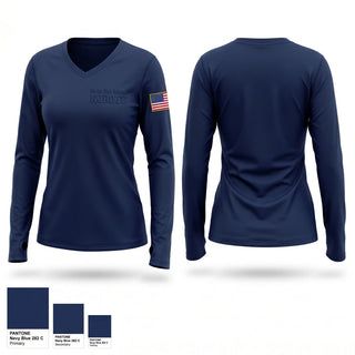 Womens Long Sleeve Vneck Shirt, Rialto High School NJROTC, Navy, Teamtime, Team time, sublimation, custom sports apparel, team uniforms, spirit wear, spiritwear, sports uniforms, custom shirts, team store, custom team store, fundraiser sports, apparel fundraiser