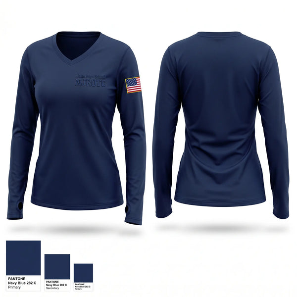 Womens Long Sleeve Vneck Shirt, Rialto High School NJROTC, Navy, Teamtime, Team time, sublimation, custom sports apparel, team uniforms, spirit wear, spiritwear, sports uniforms, custom shirts, team store, custom team store, fundraiser sports, apparel fundraiser