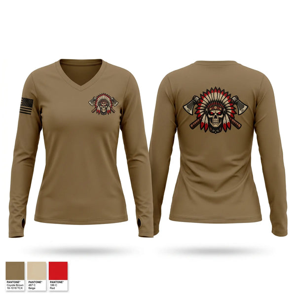Womens Long Sleeve Vneck Shirt, 2nd PLT, Apache Co, 1-501 PIR, Army, Teamtime, Team time, sublimation, custom sports apparel, team uniforms, spirit wear, spiritwear, sports uniforms, custom shirts, team store, custom team store, fundraiser sports, apparel fundraiser
