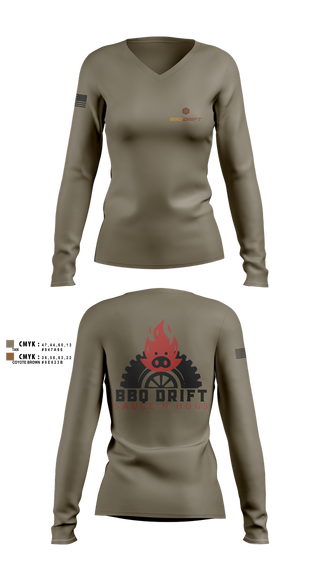Womens Long Sleeve Vneck Shirt, BBQ Drift, , Teamtime, Team time, sublimation, custom sports apparel, team uniforms, spirit wear, spiritwear, sports uniforms, custom shirts, team store, custom team store, fundraiser sports, apparel fundraiser