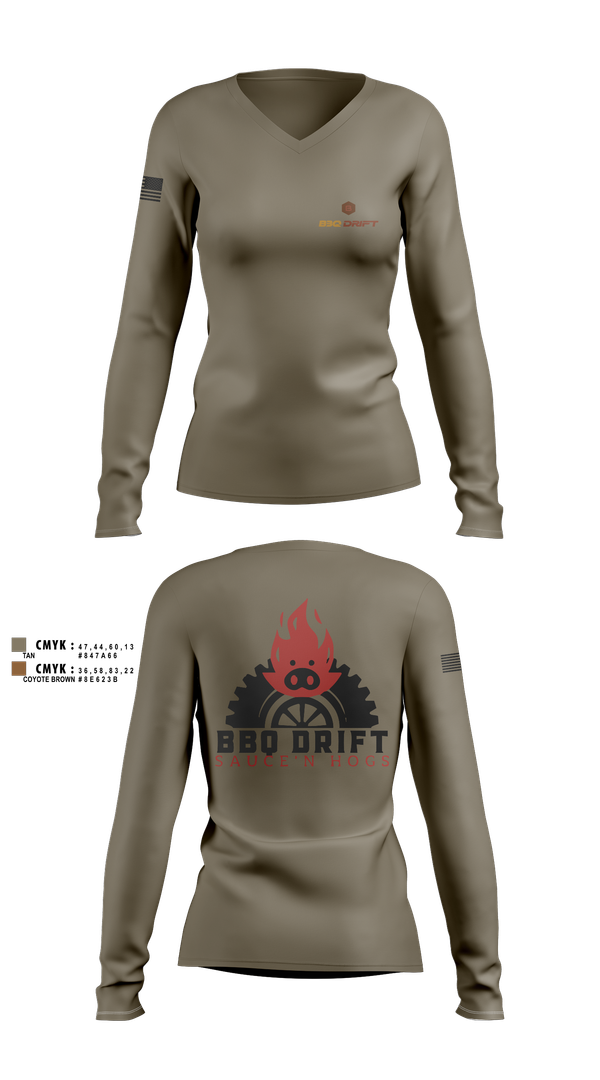 Womens Long Sleeve Vneck Shirt, BBQ Drift, , Teamtime, Team time, sublimation, custom sports apparel, team uniforms, spirit wear, spiritwear, sports uniforms, custom shirts, team store, custom team store, fundraiser sports, apparel fundraiser