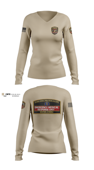 Womens Long Sleeve Vneck Shirt, Sicangu Nation Tribal Defense Solutions Emergency Medical Response Unit (SNTDS‑EMRU), EMS/EMT, Teamtime, Team time, sublimation, custom sports apparel, team uniforms, spirit wear, spiritwear, sports uniforms, custom shirts, team store, custom team store, fundraiser sports, apparel fundraiser